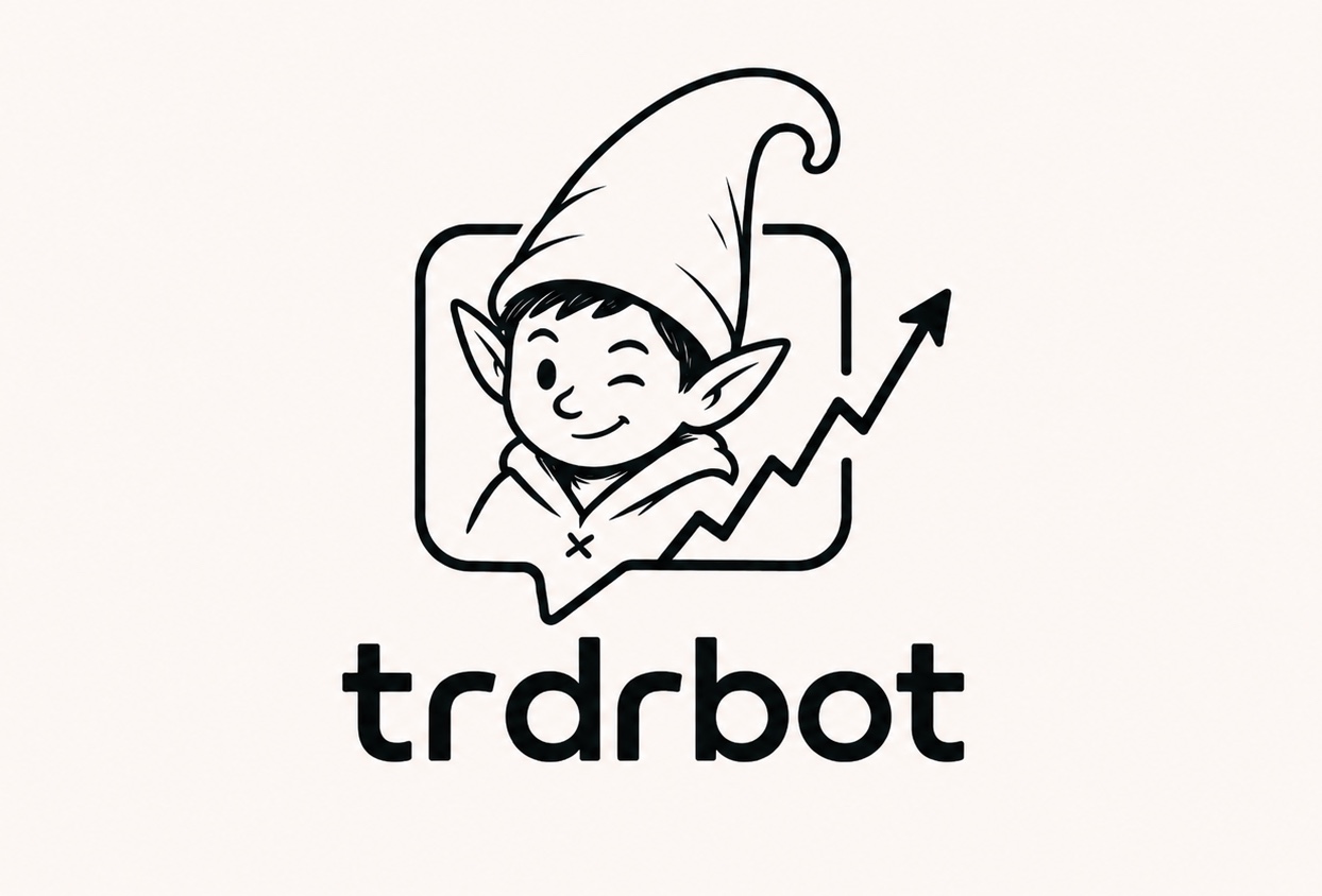 Theo, trdrbot's mascot — a winking elf inside a speech-bubble frame with an ascending trend line